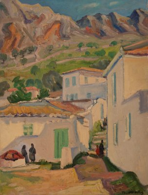 Hydra, Houses, Mountains in Background, Two Women at the Well — Oil painting, Canvas, 46.00×61.00cm — Theodoros Markellos